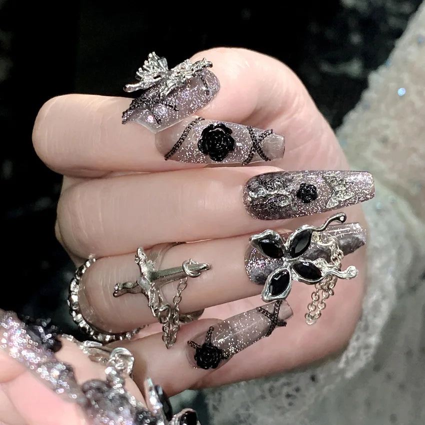 3D Black Rose Nails